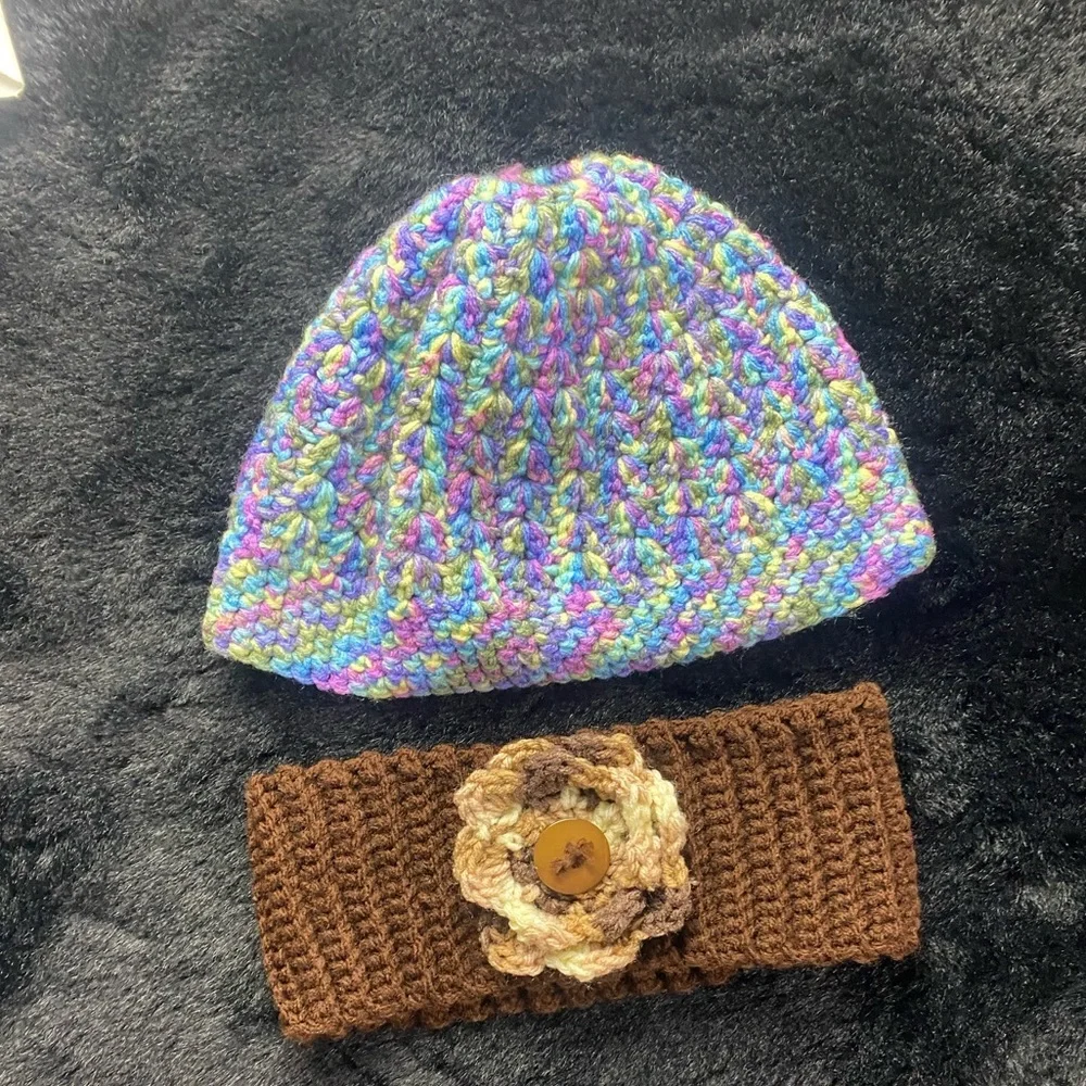 Multicolor Knit Beanie and Brown Knit Floral Boho Headband